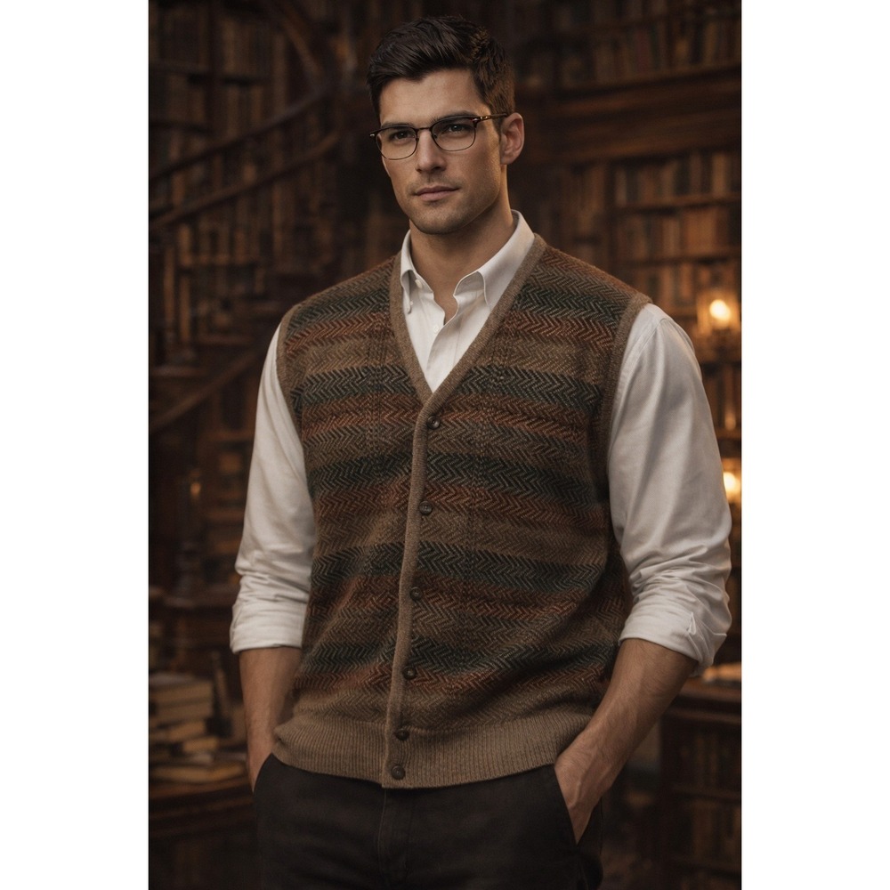 Maglificio Florence Vintage Mens XL Wool Blend Sweater‎ Vest Brown Herringbone